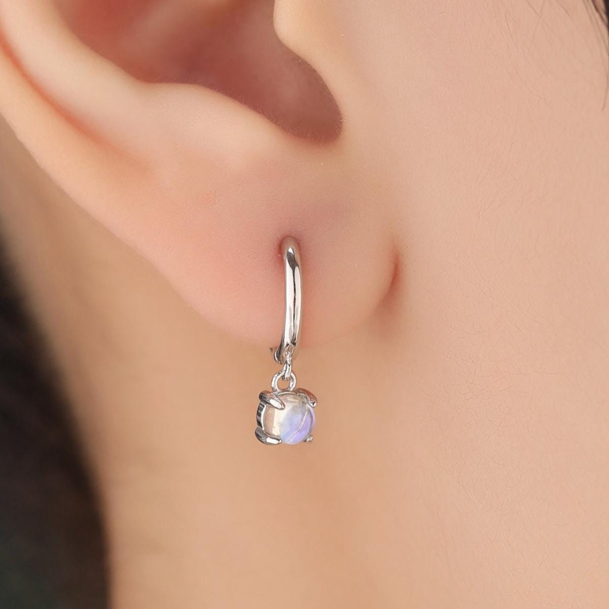 Tiny Moonstone Huggie Hoop Earrings in Sterling Silver, 4mm Simulated Moonstone Hoops, Silver or Gold or Rose Gold, Lab Moonstone Earrings
