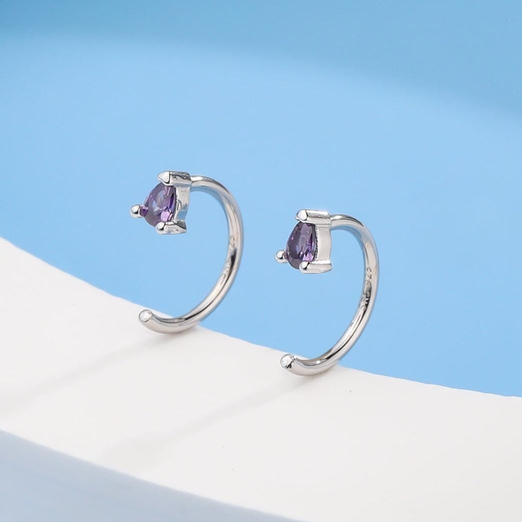 Amethyst Purple CZ Droplet Huggie Hoop Earrings in Sterling Silver, Tiny Purple Pear Cut CZ Open Hoops, Pull Through Threaders, Half Hoops