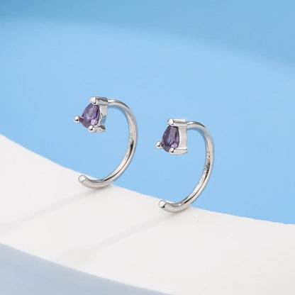 Amethyst Purple CZ Droplet Huggie Hoop Earrings in Sterling Silver, Tiny Purple Pear Cut CZ Open Hoops, Pull Through Threaders, Half Hoops
