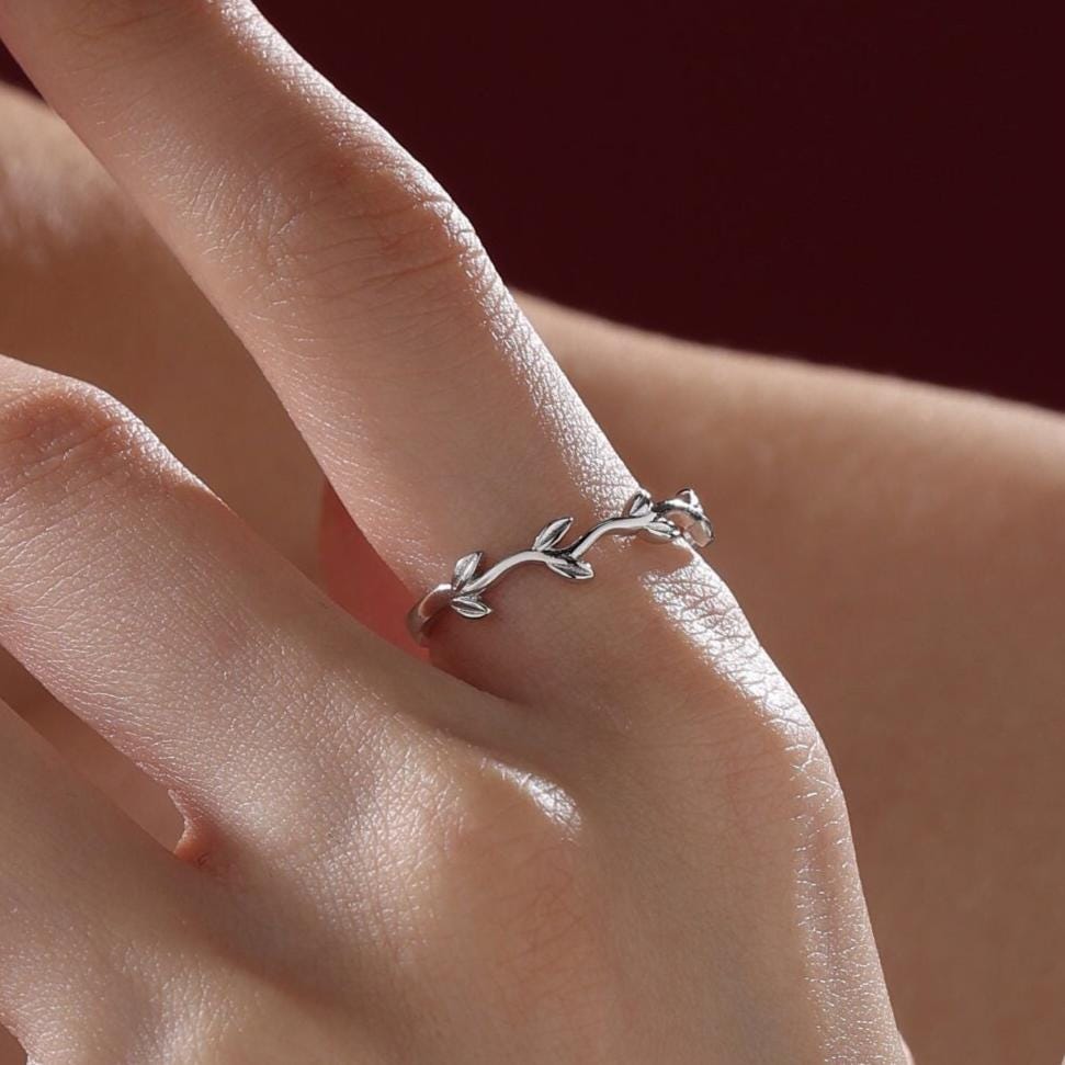 Minimalist Olive Branch Ring in Sterling Silver, Adjustable Olive Leaf Ring, Botanical RIng