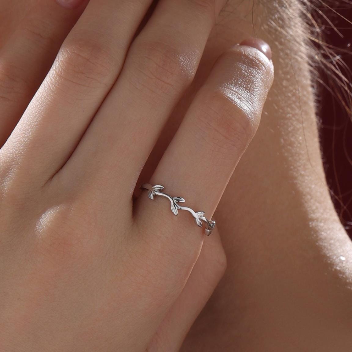 Minimalist Olive Branch Ring in Sterling Silver, Adjustable Olive Leaf Ring, Botanical RIng