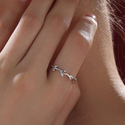 Minimalist Olive Branch Ring in Sterling Silver, Adjustable Olive Leaf Ring, Botanical RIng