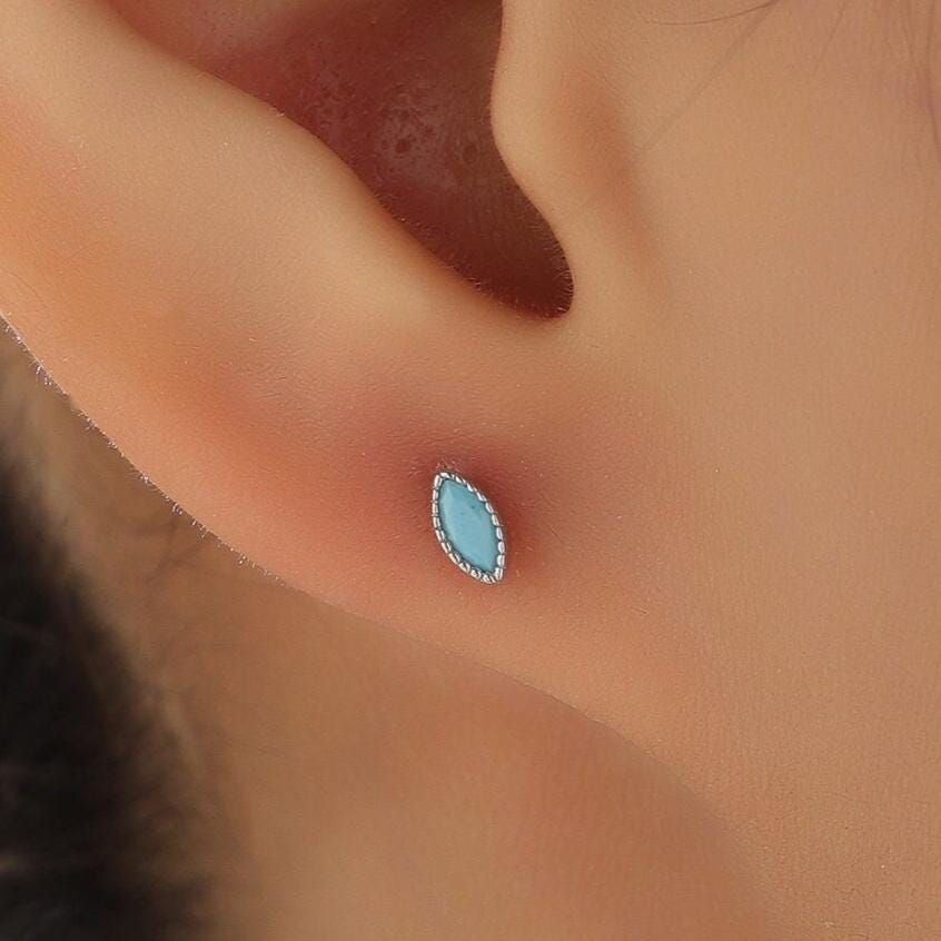 Extra Tiny Turquoise Blue Marquise CZ Stud Earrings in Sterling Silver, Silver or Gold, Dainty Marquise Crystal Earrings, Vintage Inspired