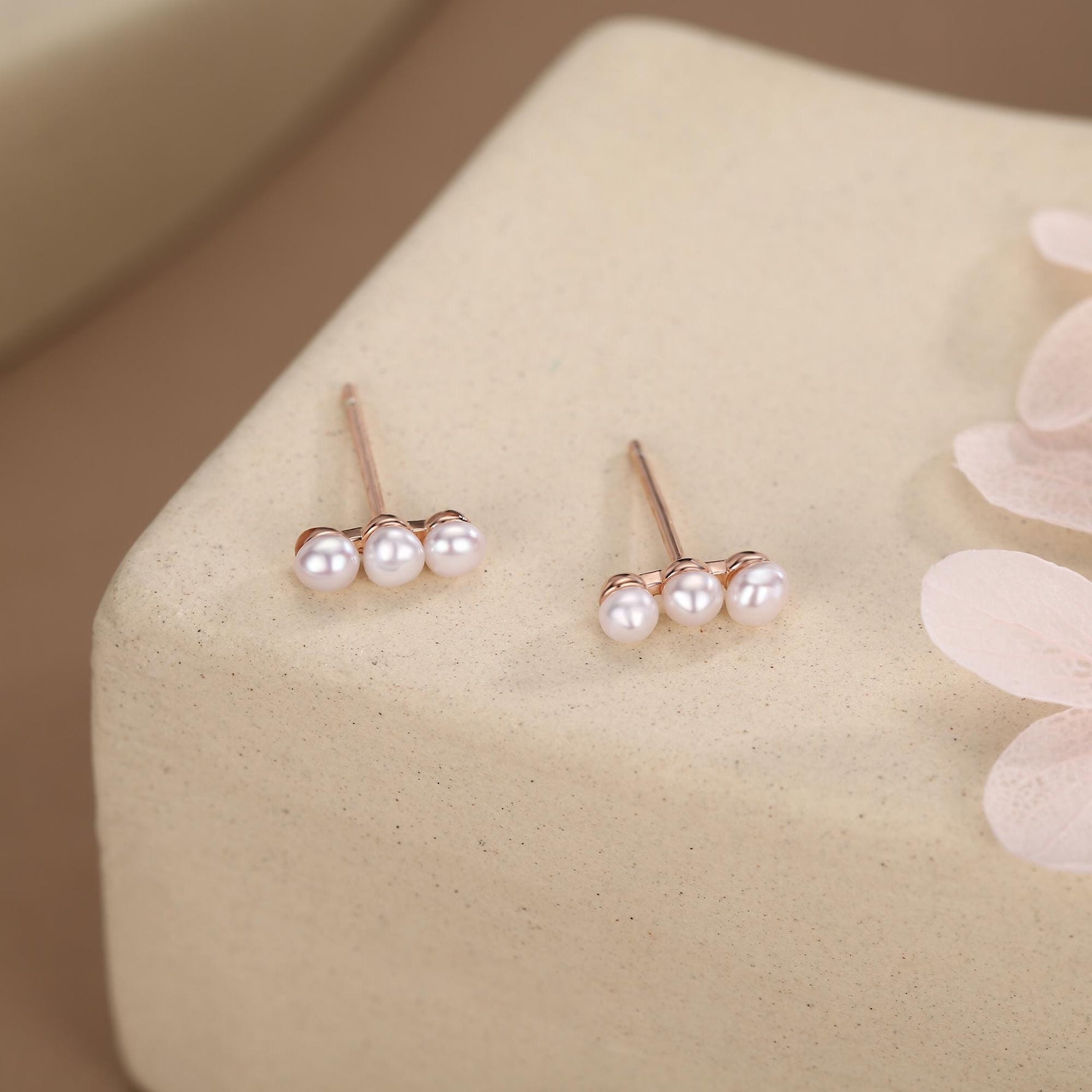 Natural Pearl Trio Stud Earrings in Sterling Silver, Freshwater Pearl Bar Earrings, Silver or Gold or Rose Gold, Pearl Earrings, Pearl Stud