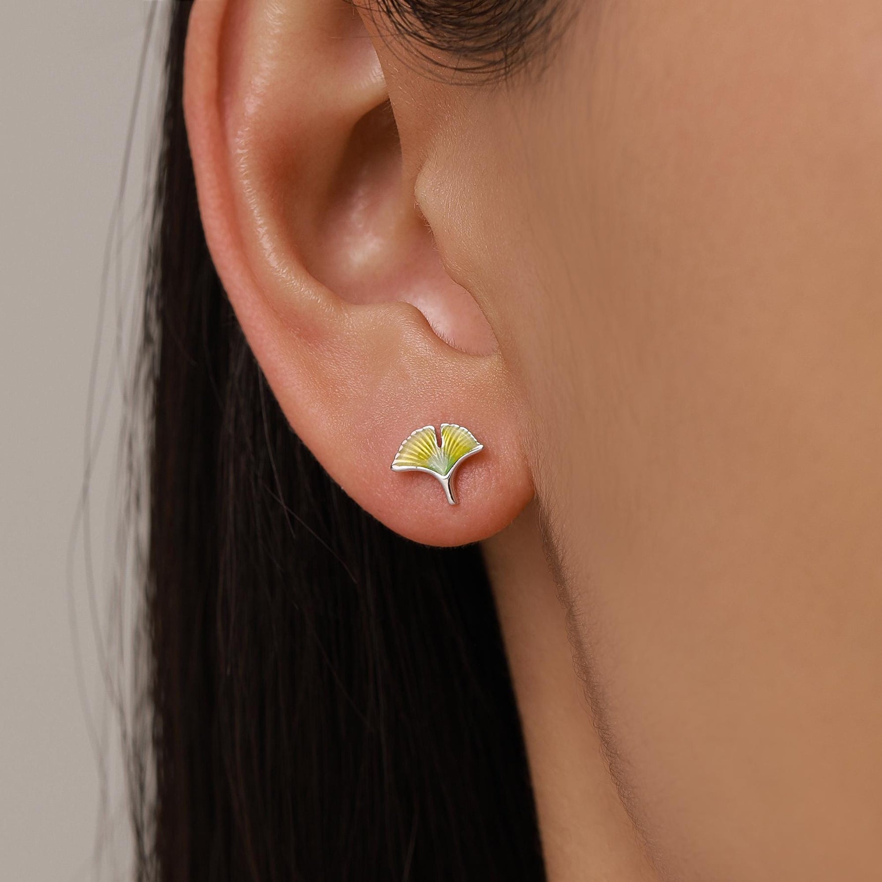 Sterling Silver Mismatched Enamel Ginkgo Leaf Stud Earrings