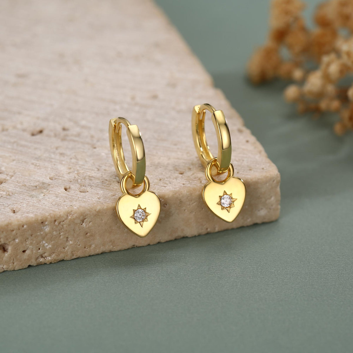 Sterling Silver Starburst Heart Hoop Earrings, Detachable Heart Charm Hoop Earrings, Silver or Gold, Interchangeable and detachable