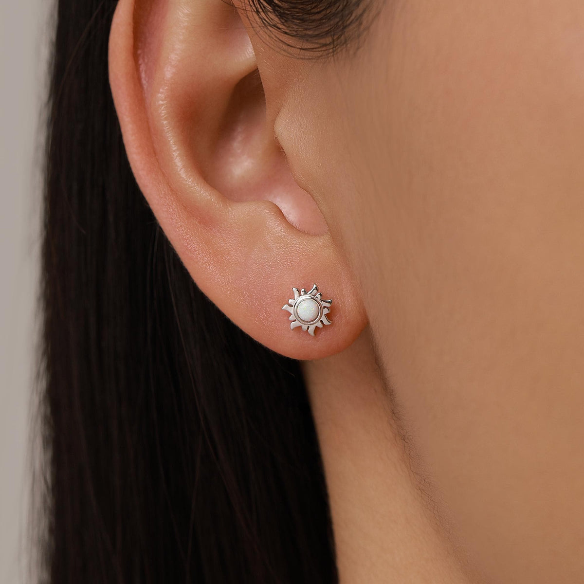 Tiny Little Opal Sun Stud Earrings in Sterling Silver, Silver or Gold, Sun Burst Earrings with Lab Opal, Opal Sunburst Earrings