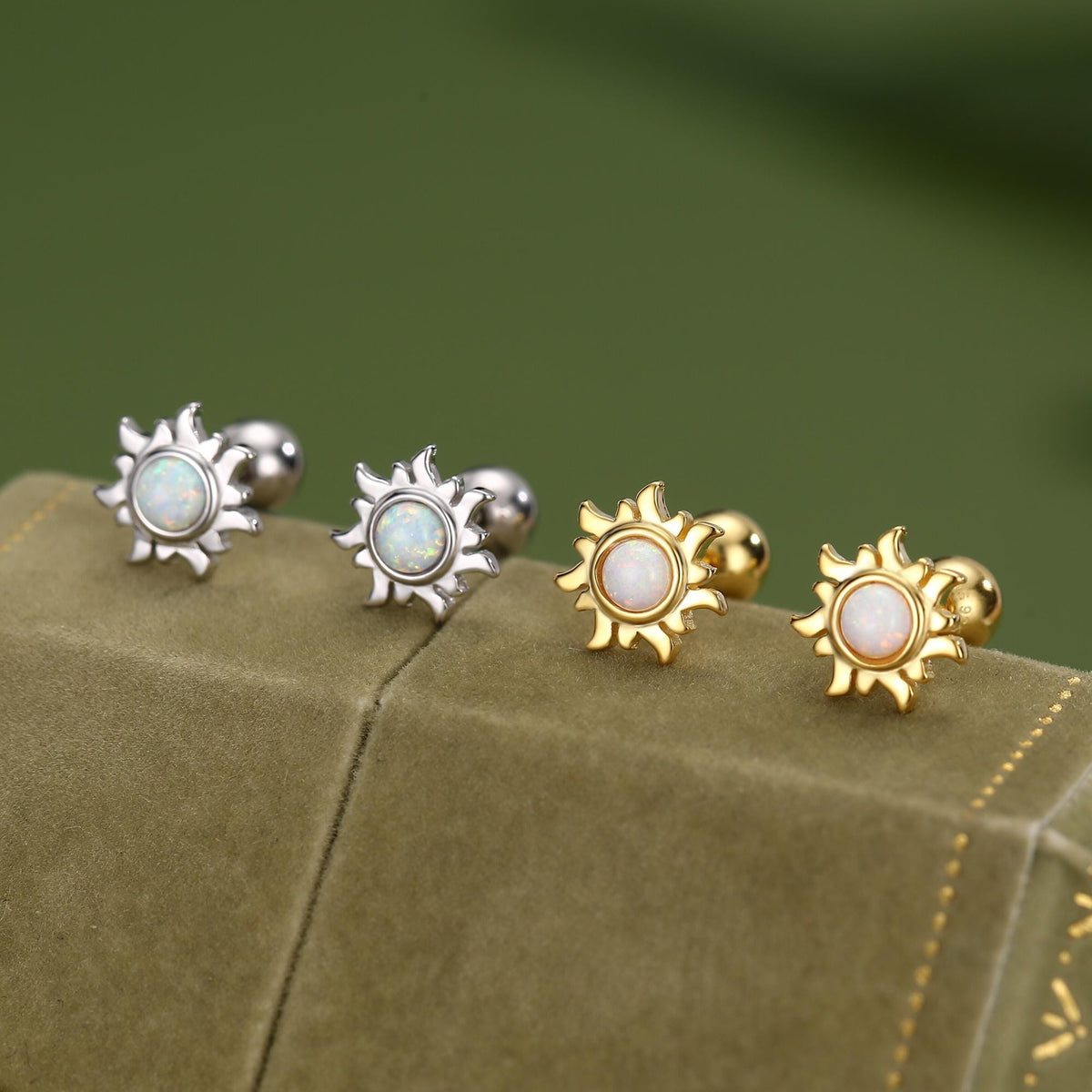 Sterling Silver Opal Sun 18G Screw Back Earrings with Ball Backs