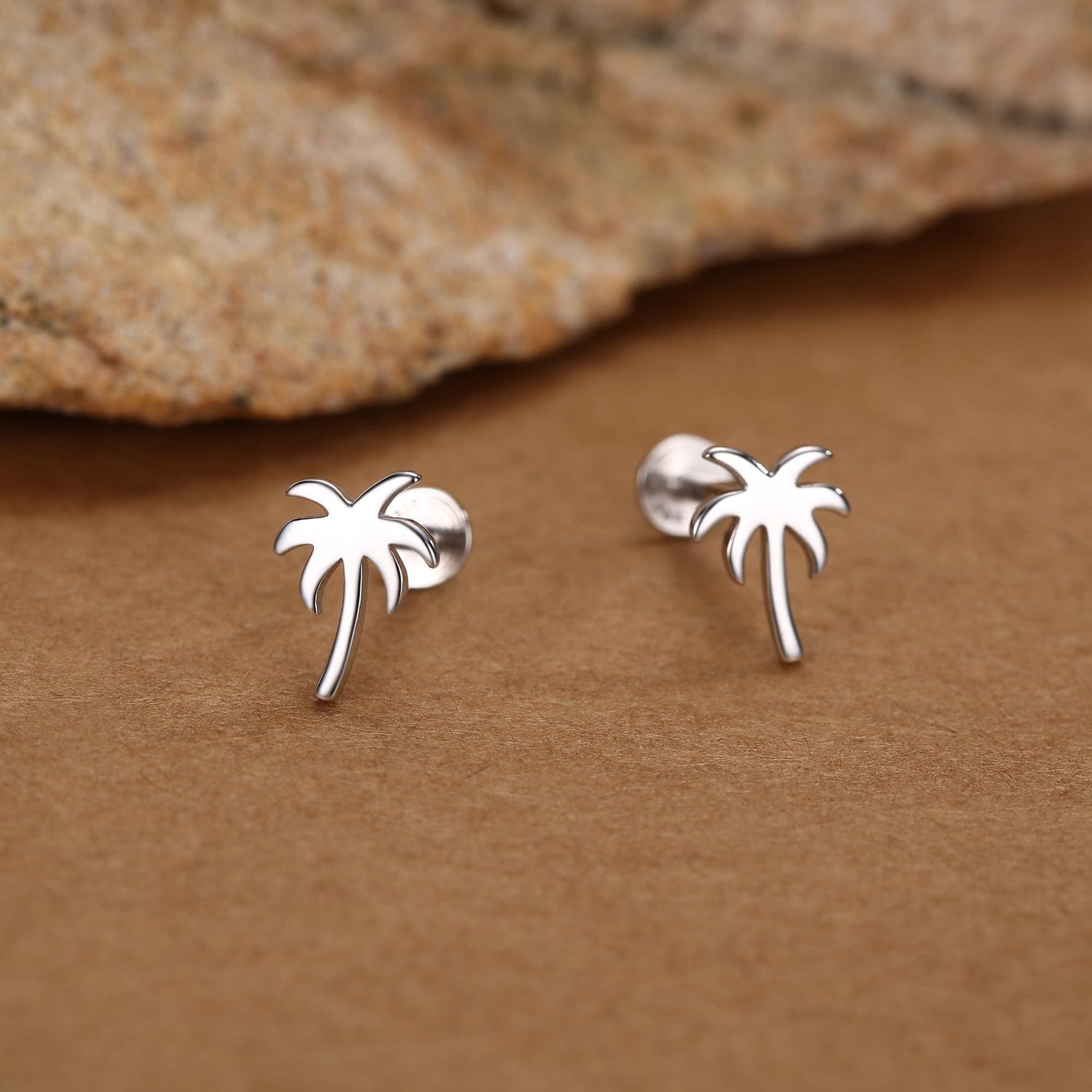 Sterling Silver Palm Tree 16G Flat Back Earrings