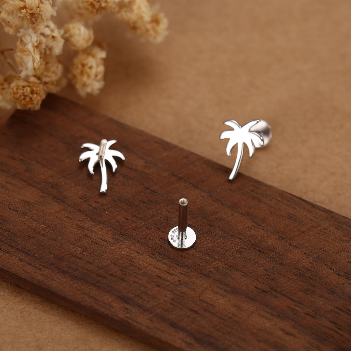 Sterling Silver Palm Tree 16G Flat Back Earrings