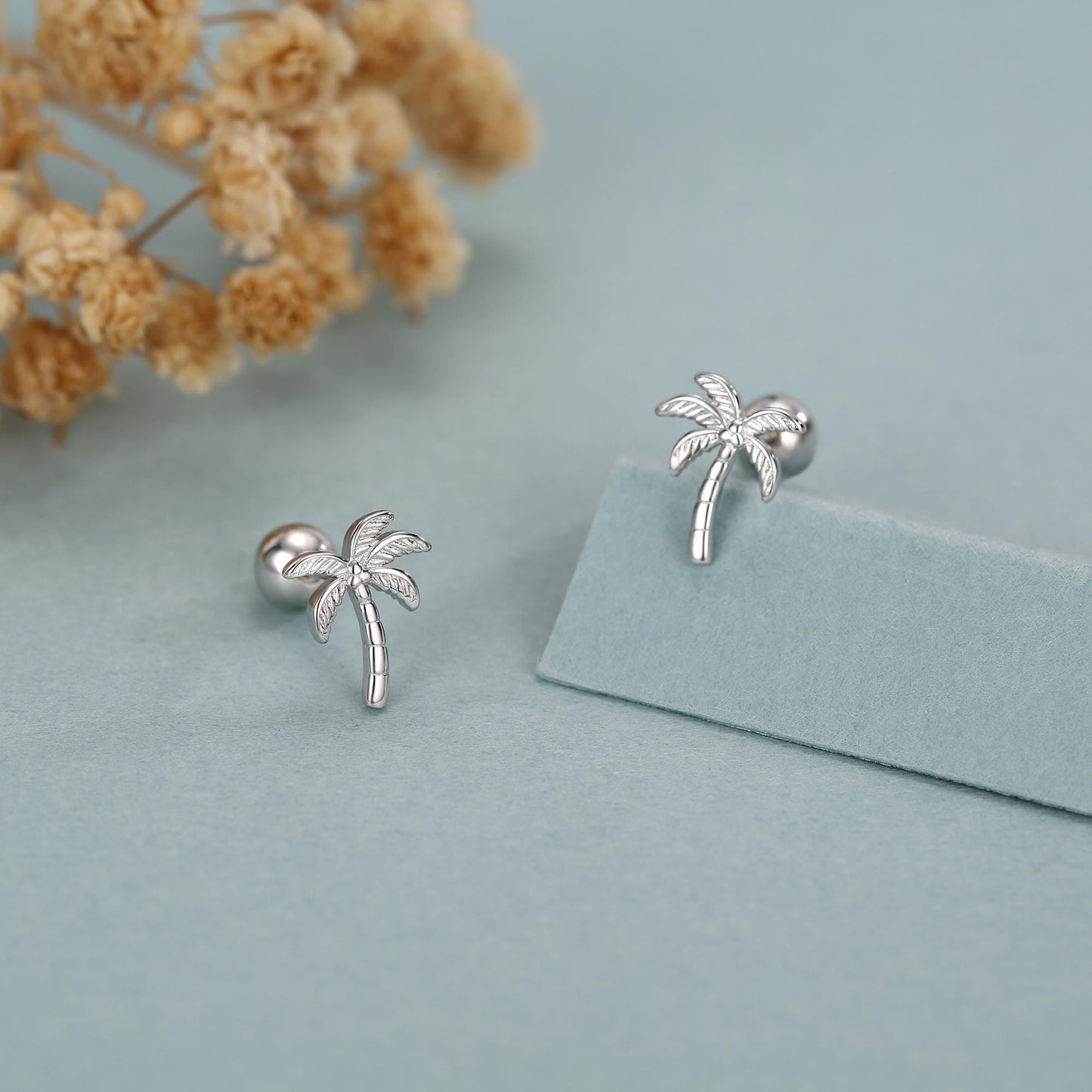 Sterling Silver Palm Tree 18G Screw Back Earrings with Ball Backs