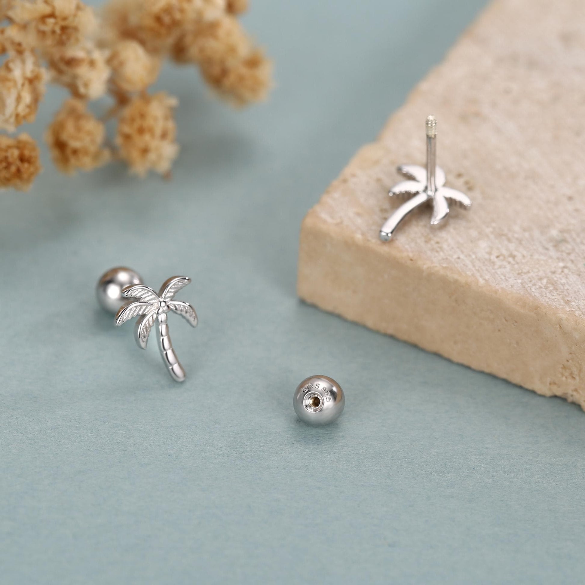 Sterling Silver Palm Tree 18G Screw Back Earrings with Ball Backs