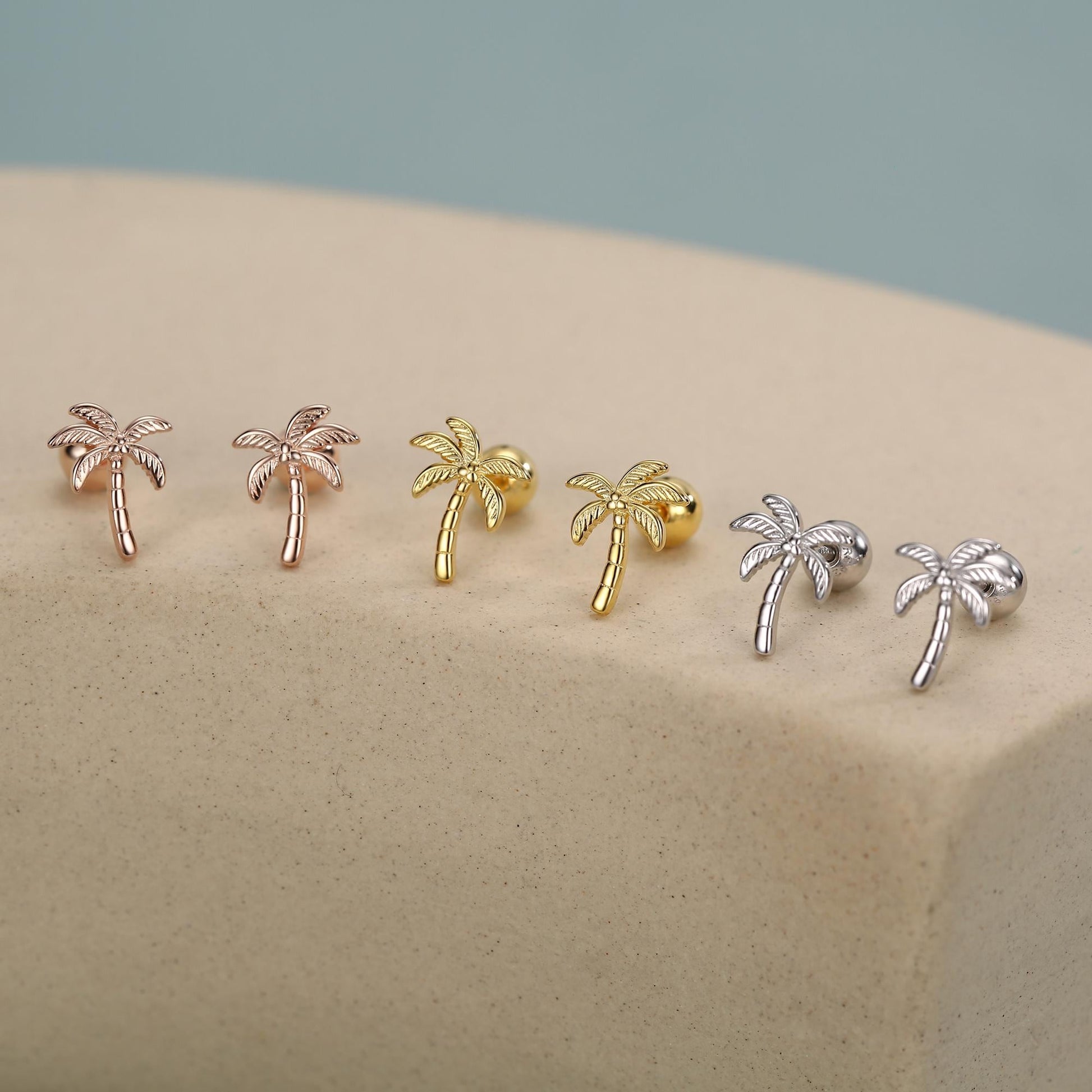 Sterling Silver Palm Tree 18G Screw Back Earrings with Ball Backs