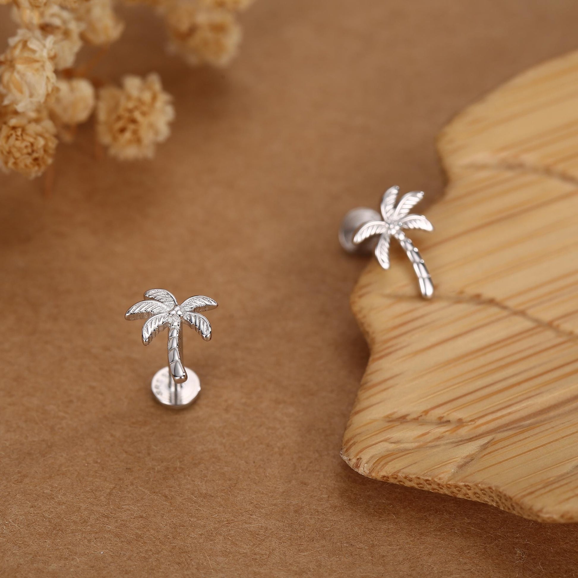 Palm Tree 16G Flat Back Earrings in Sterling Silver