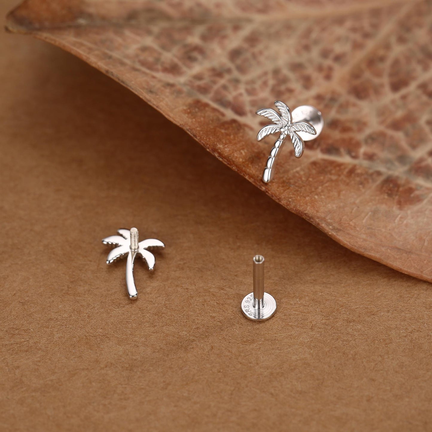 Palm Tree 16G Flat Back Earrings in Sterling Silver