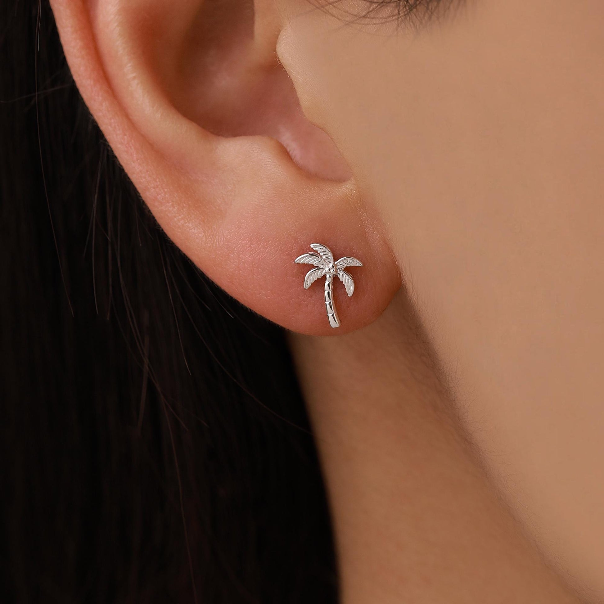 Palm Tree 16G Flat Back Earrings in Sterling Silver