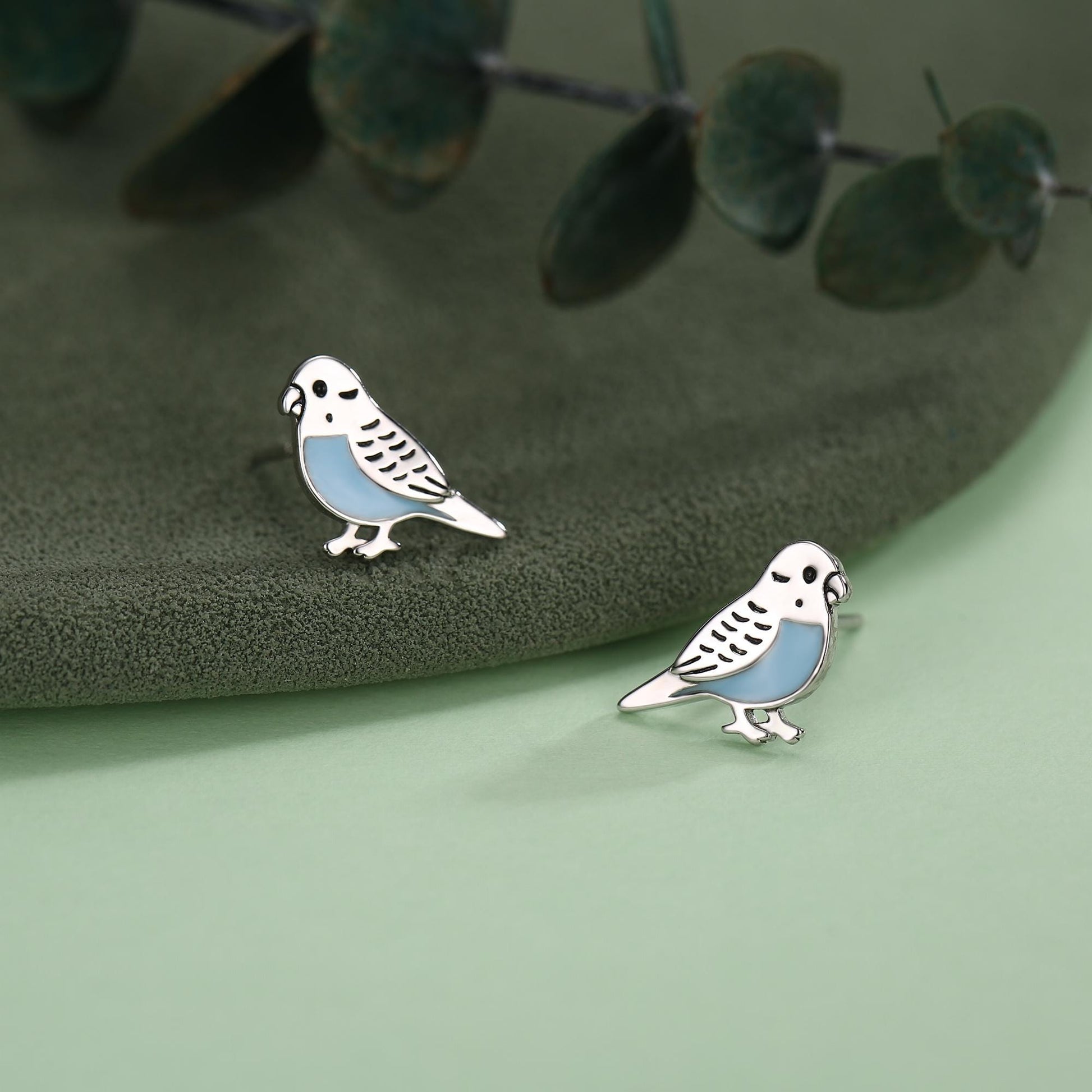 Sterling Silver Blue Enamel Budgie Stud Earring