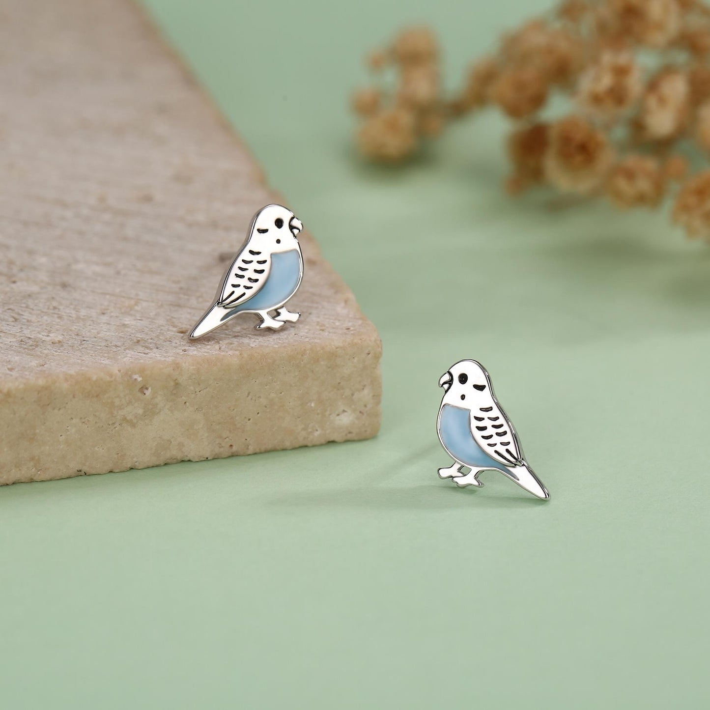 Sterling Silver Blue Enamel Budgie Stud Earring