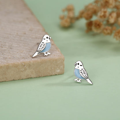 Sterling Silver Blue Enamel Budgie Stud Earring