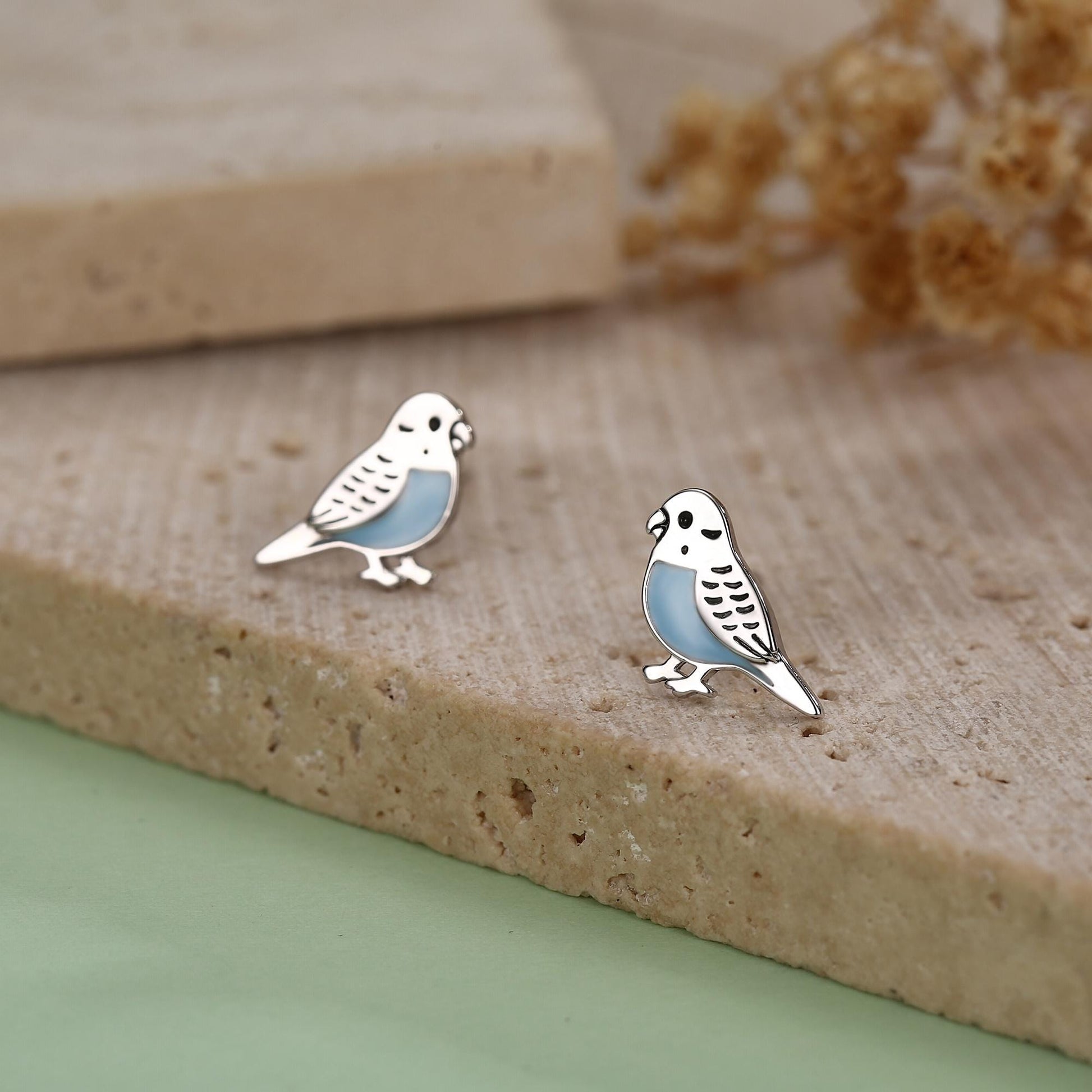 Sterling Silver Blue Enamel Budgie Stud Earring