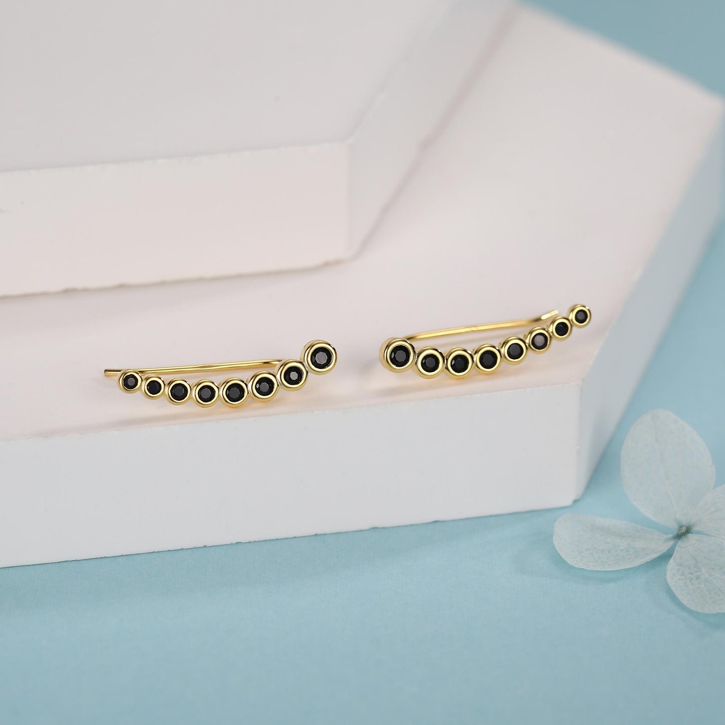 Pebble Black CZ Crawler Earrings in Sterling Silver, Silver or Gold, Dotted Ear Crawlers, Dots Crawler, Bobble Crawlers