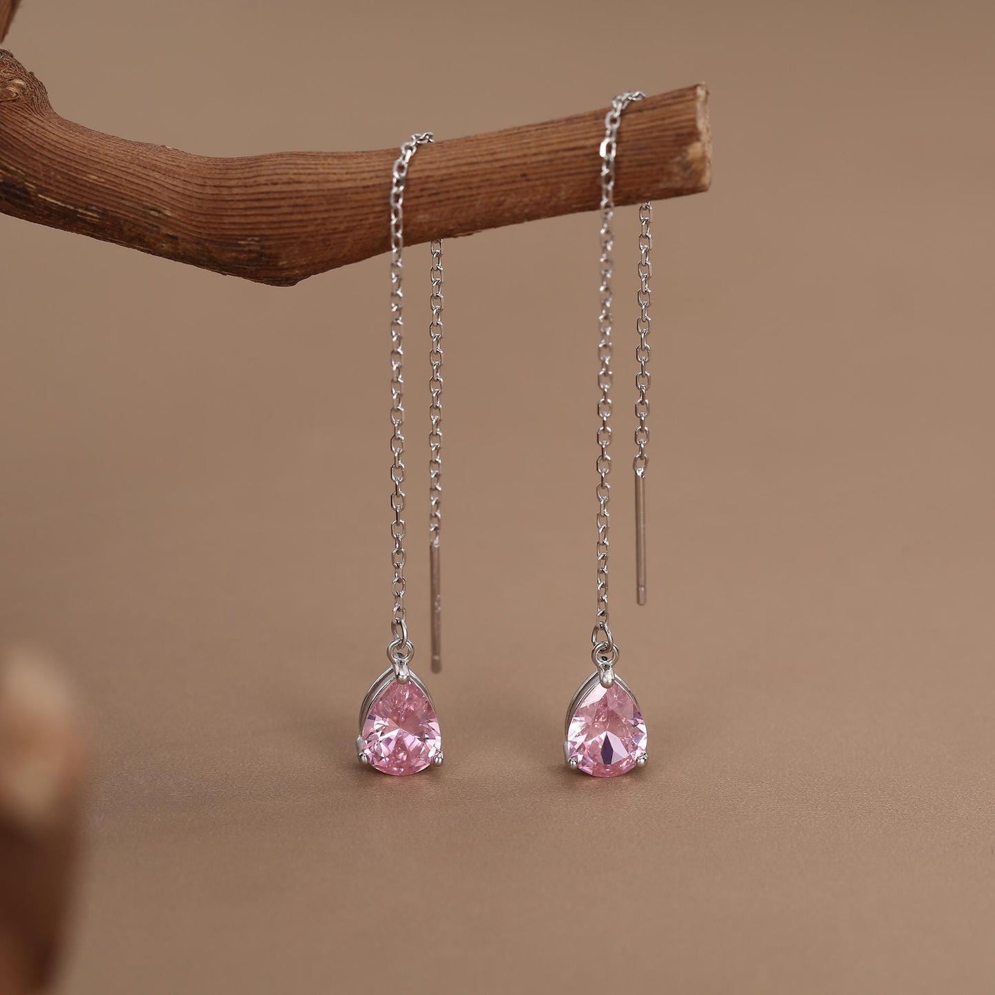 Tourmaline Pink CZ Droplet Threader Earrings in Sterling Silver, Silver or Gold, Pear Cut CZ Long Ear Threaders, Sparkly CZ Threaders