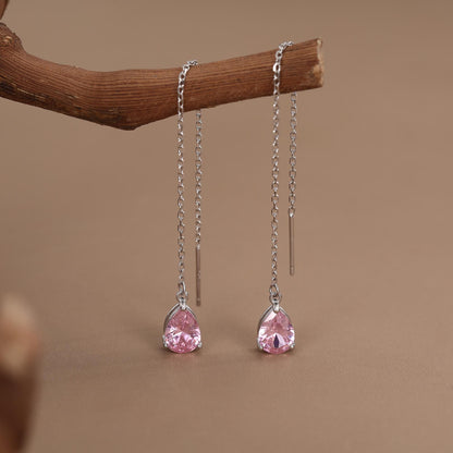 Tourmaline Pink CZ Droplet Threader Earrings in Sterling Silver, Silver or Gold, Pear Cut CZ Long Ear Threaders, Sparkly CZ Threaders