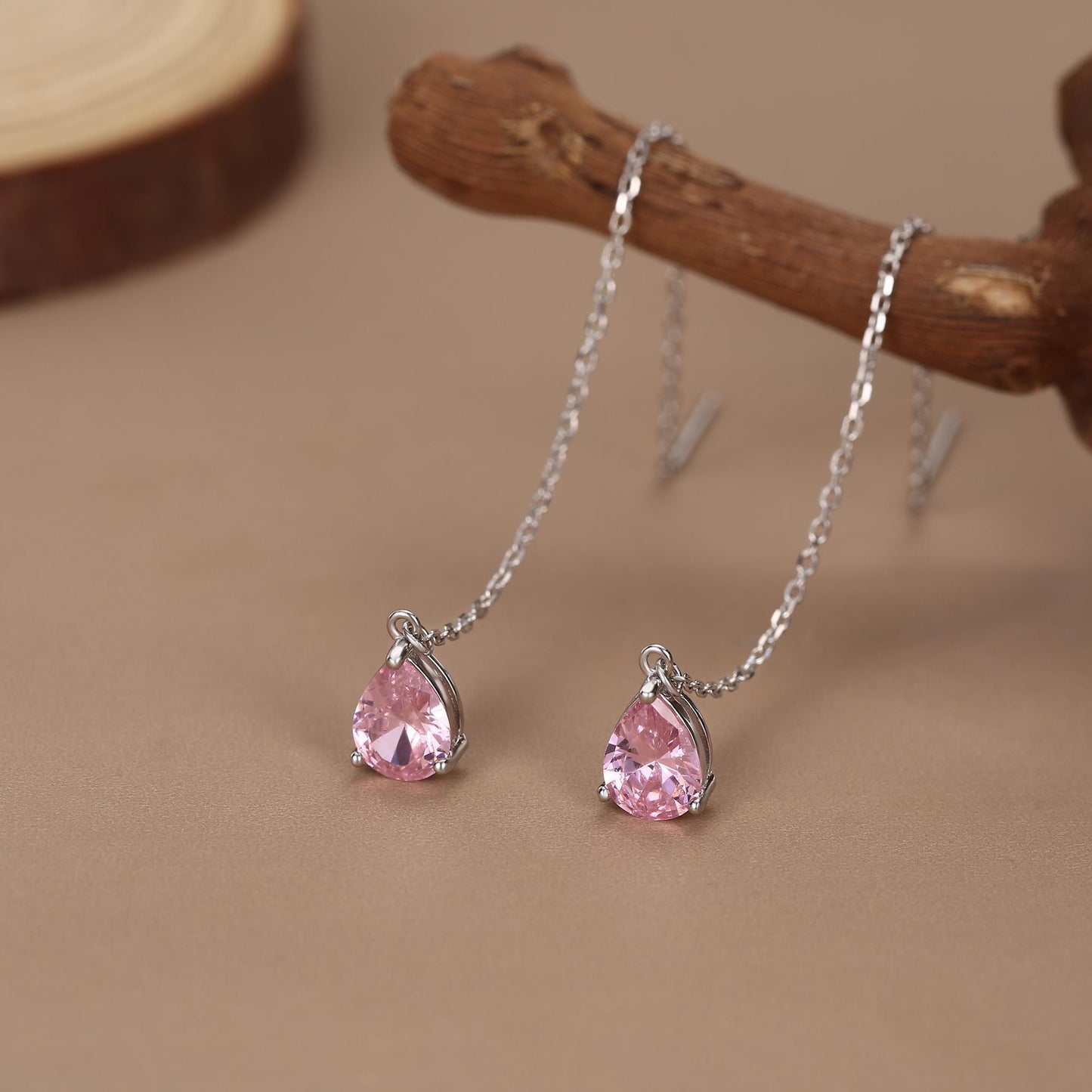 Tourmaline Pink CZ Droplet Threader Earrings in Sterling Silver, Silver or Gold, Pear Cut CZ Long Ear Threaders, Sparkly CZ Threaders