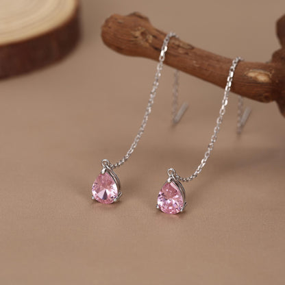 Tourmaline Pink CZ Droplet Threader Earrings in Sterling Silver, Silver or Gold, Pear Cut CZ Long Ear Threaders, Sparkly CZ Threaders
