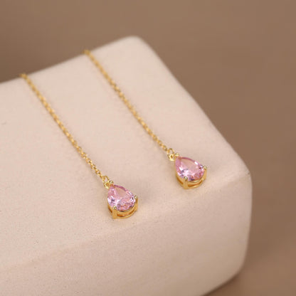 Tourmaline Pink CZ Droplet Threader Earrings in Sterling Silver, Silver or Gold, Pear Cut CZ Long Ear Threaders, Sparkly CZ Threaders