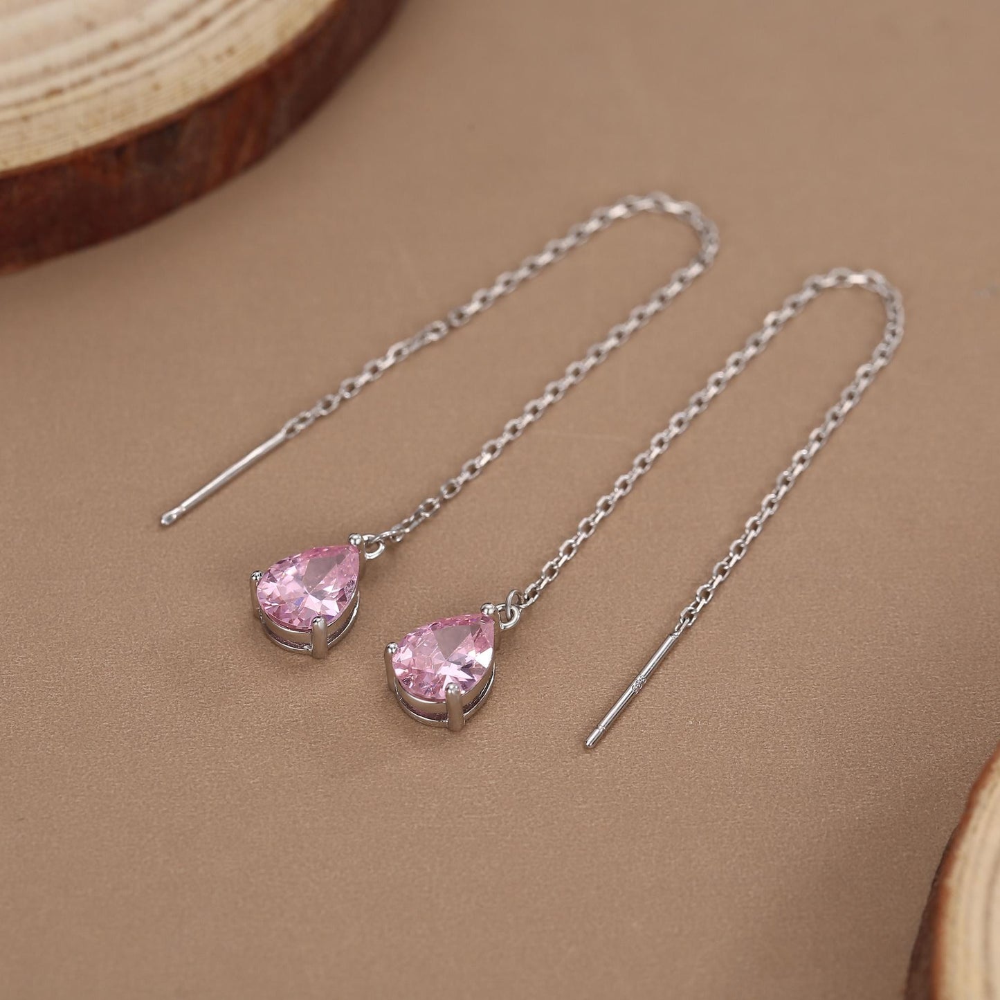 Tourmaline Pink CZ Droplet Threader Earrings in Sterling Silver, Silver or Gold, Pear Cut CZ Long Ear Threaders, Sparkly CZ Threaders