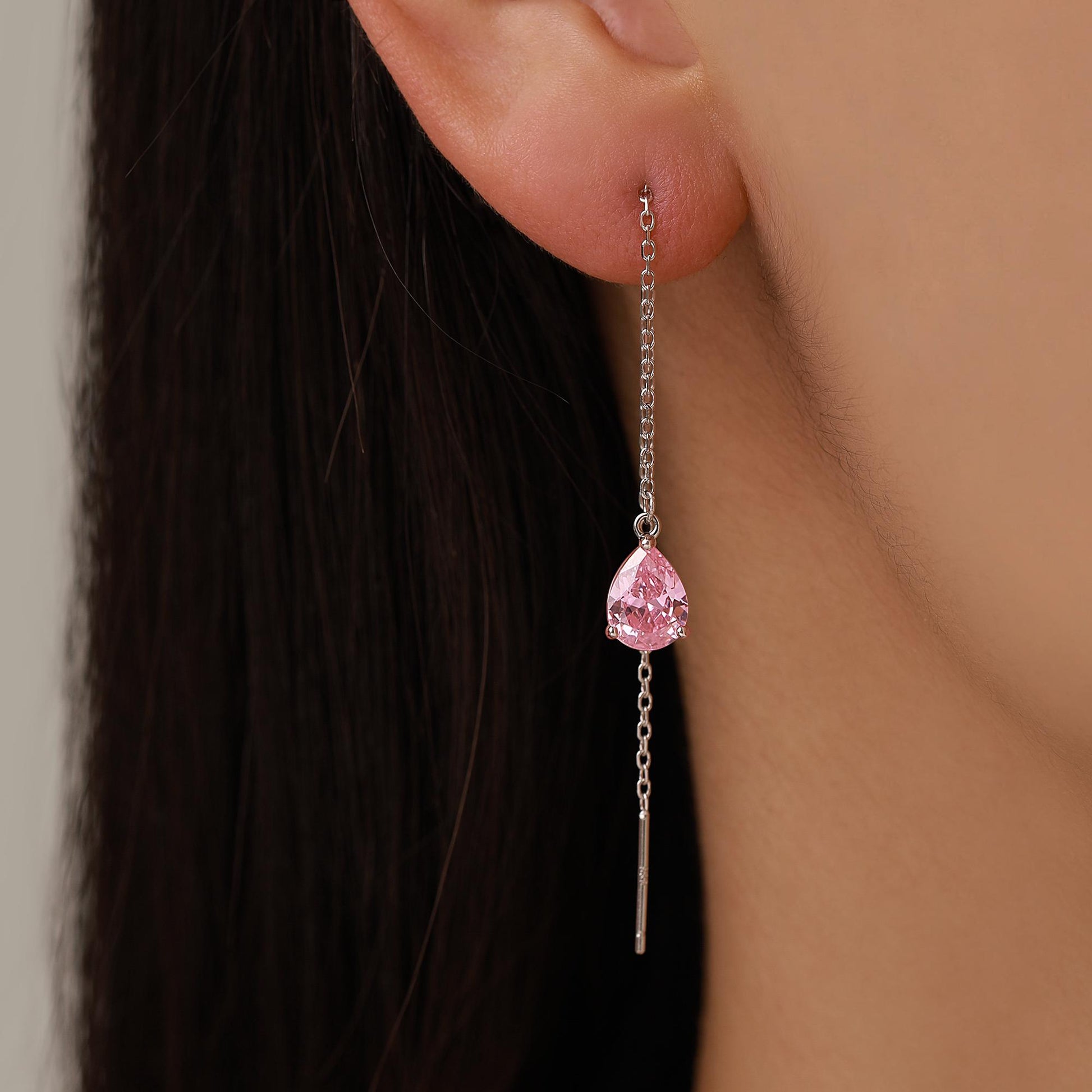 Tourmaline Pink CZ Droplet Threader Earrings in Sterling Silver, Silver or Gold, Pear Cut CZ Long Ear Threaders, Sparkly CZ Threaders
