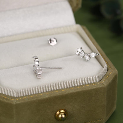 Clear CZ Cluster Stud Earrings in Sterling Silver, Silver or Gold, Geometric Marquise Cluster Earrings, CZ Wing Earrings, Mini Crawler