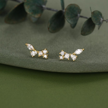 Clear CZ Cluster Stud Earrings in Sterling Silver, Silver or Gold, Geometric Marquise Cluster Earrings, CZ Wing Earrings, Mini Crawler