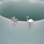 Mismatched Palm Tree and Flamingo Stud Earrings in Sterling Silver - Asymmetric Cute Stud Earrings - Nature Inspired