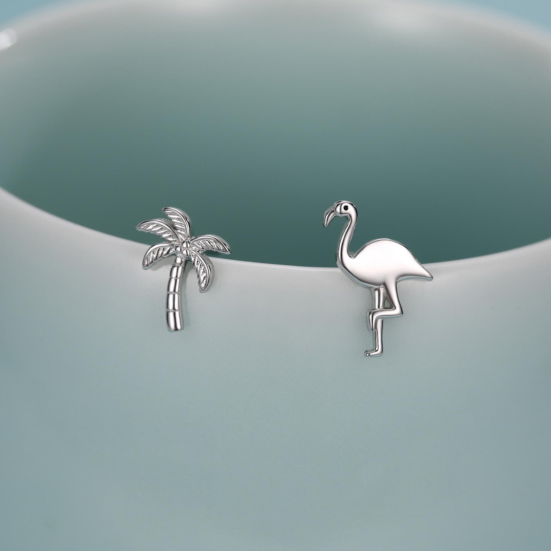 Mismatched Palm Tree and Flamingo Stud Earrings in Sterling Silver - Asymmetric Cute Stud Earrings - Nature Inspired