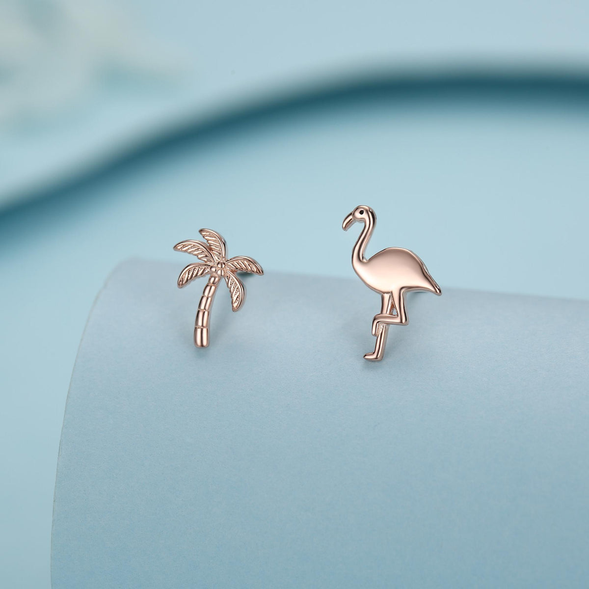 Mismatched Palm Tree and Flamingo Stud Earrings in Sterling Silver - Asymmetric Cute Stud Earrings - Nature Inspired