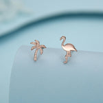 Mismatched Palm Tree and Flamingo Stud Earrings in Sterling Silver - Asymmetric Cute Stud Earrings - Nature Inspired