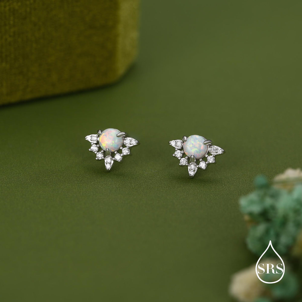 Vintage Inspired White Opal Flower CZ Stud Earrings, Lab Opal Halo CZ Earrings, Simulated Fire Opal Earrings