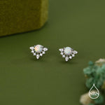 Vintage Inspired White Opal Flower CZ Stud Earrings, Lab Opal Halo CZ Earrings, Simulated Fire Opal Earrings
