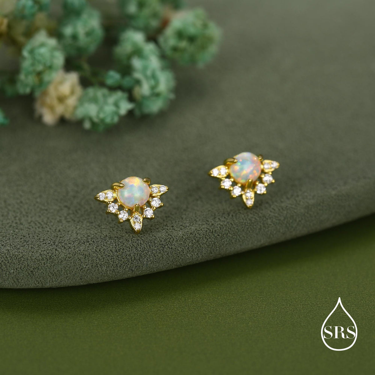 Vintage Inspired White Opal Flower CZ Stud Earrings, Lab Opal Halo CZ Earrings, Simulated Fire Opal Earrings