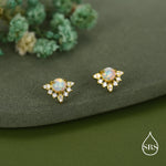 Vintage Inspired White Opal Flower CZ Stud Earrings, Lab Opal Halo CZ Earrings, Simulated Fire Opal Earrings