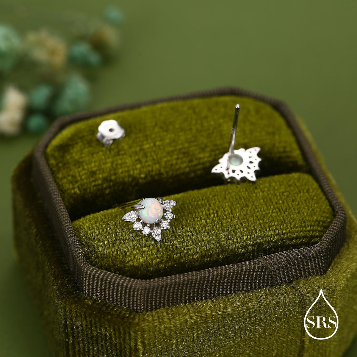 Vintage Inspired White Opal Flower CZ Stud Earrings, Lab Opal Halo CZ Earrings, Simulated Fire Opal Earrings