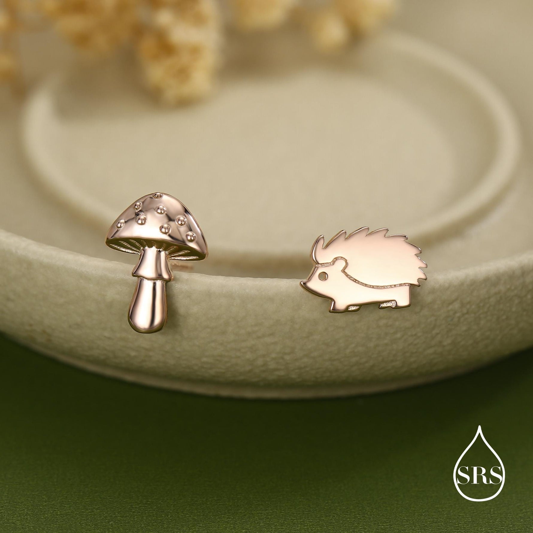 Mismatched Mushroom and Hedgehog Stud Earrings in Sterling Silver, Silver or Gold Finish, Oxidised Small Hedgehog and Mushroom Earrings