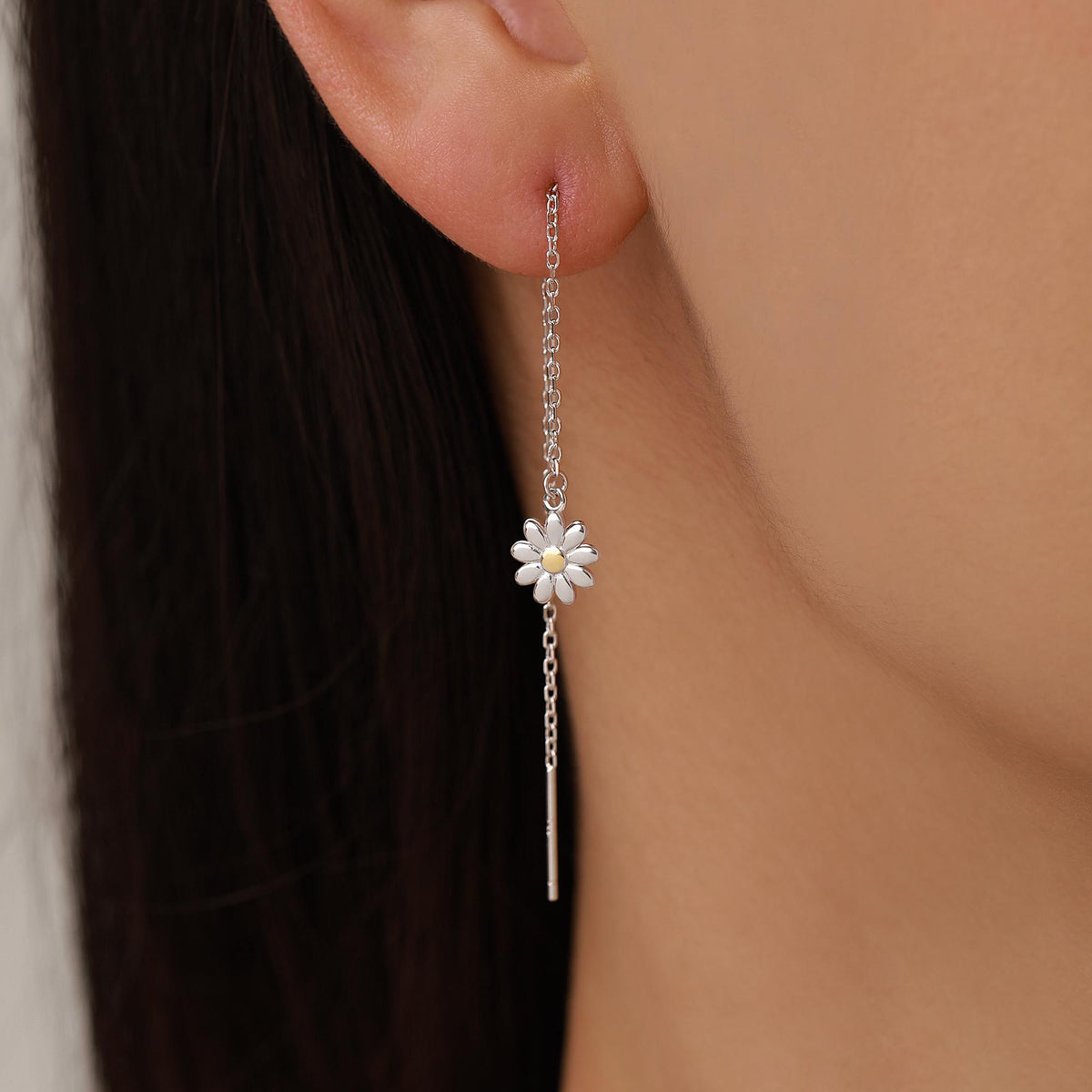 Sterling Silver Tiny Daisy Flower Ear Threaders, Flower Threader Earrings, Daily Dangle Earrings, Daisy Earrings