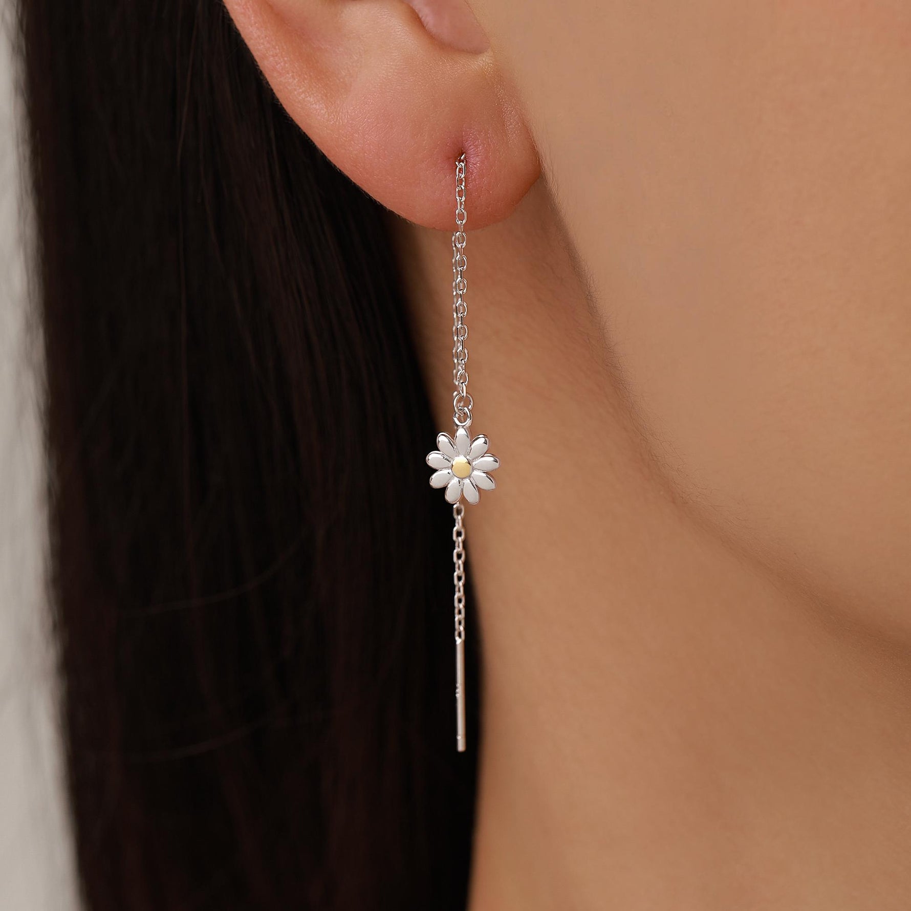 Sterling Silver Tiny Daisy Flower Ear Threaders, Flower Threader Earrings, Daily Dangle Earrings, Daisy Earrings