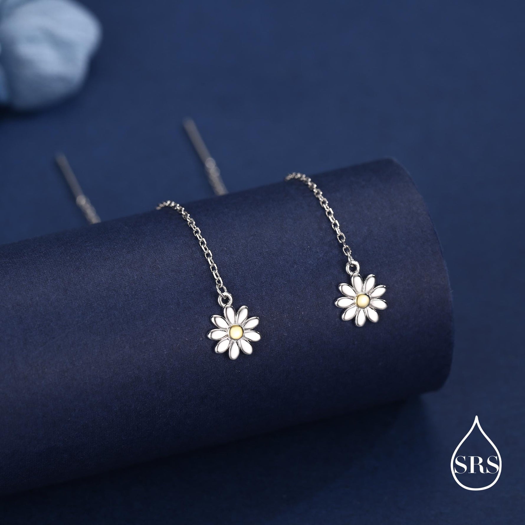 Sterling Silver Tiny Daisy Flower Ear Threaders, Flower Threader Earrings, Daily Dangle Earrings, Daisy Earrings
