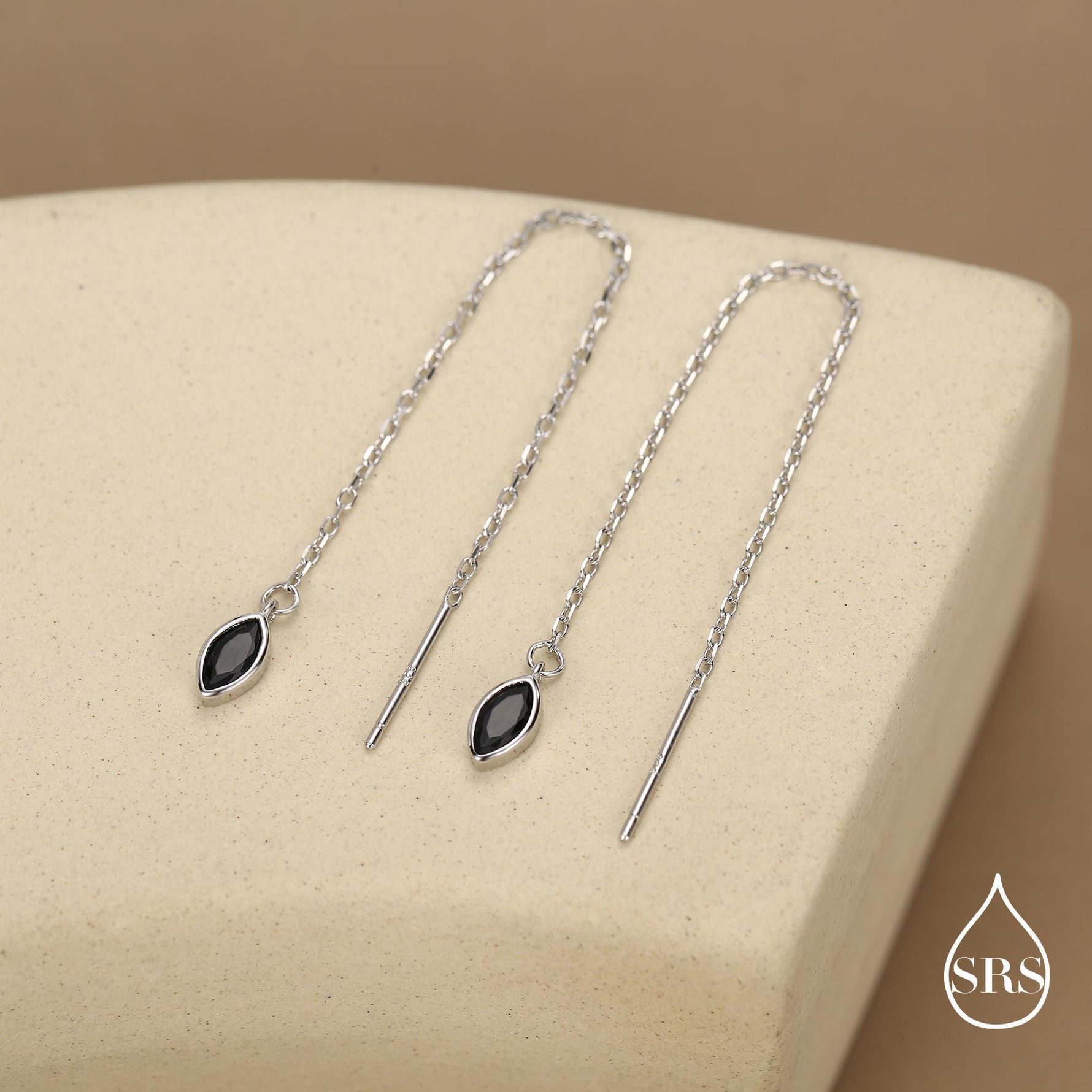 Tiny Black Marquise CZ Threader Earrings in Sterling Silver, Silver or Gold, Marquise Cut CZ Ear Threaders, Sparkly Threaders