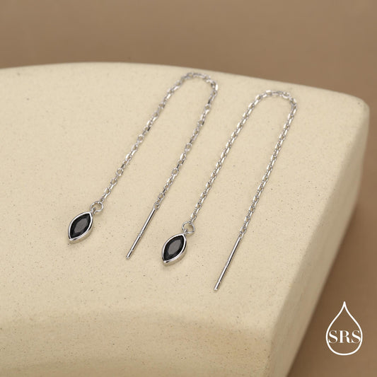 Tiny Black Marquise CZ Threader Earrings in Sterling Silver, Silver or Gold, Marquise Cut CZ Ear Threaders, Sparkly Threaders