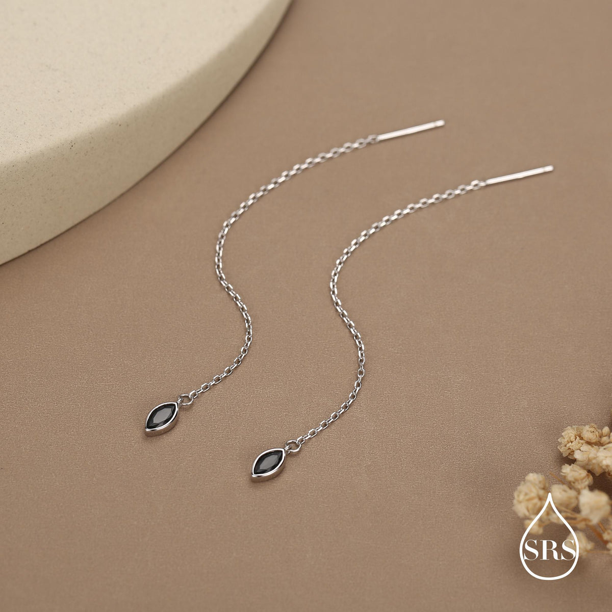 Tiny Black Marquise CZ Threader Earrings in Sterling Silver, Silver or Gold, Marquise Cut CZ Ear Threaders, Sparkly Threaders